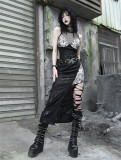 Liquid Invasion-  Alt Street Punk Gothic Halloween Split Dress with Fishing Net Vest, PU Sleeves and Bolero