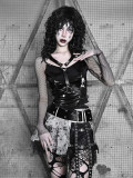 Liquid Invasion-  Alt Street Punk Halloween PU Fishing Net Skirt, Blouse and Bolero