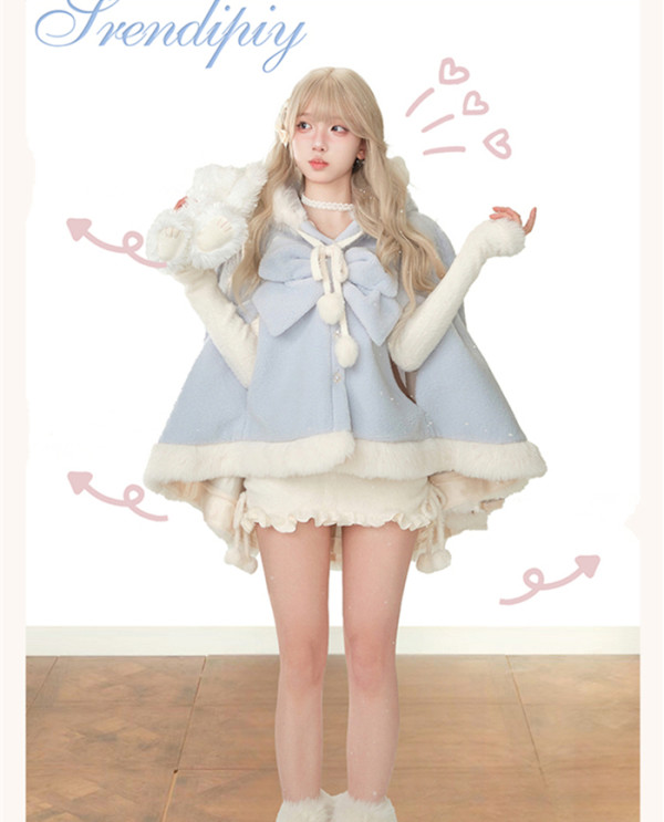 Cute Kawaii Harajuku Y2K Hooded Cape, Blouse and Skirt