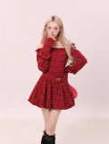 Cute Kawaii Harajuku Y2K Plaid Puffy One Shoulder Dress