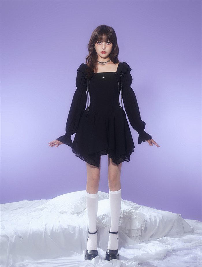 US$ 70.99 - Cute Kawaii Sweet Black Gothic Y2K Long Sleeves Dress