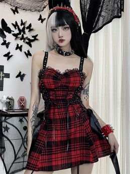 Alt Street Punk Y2K Slip Plaid Dress