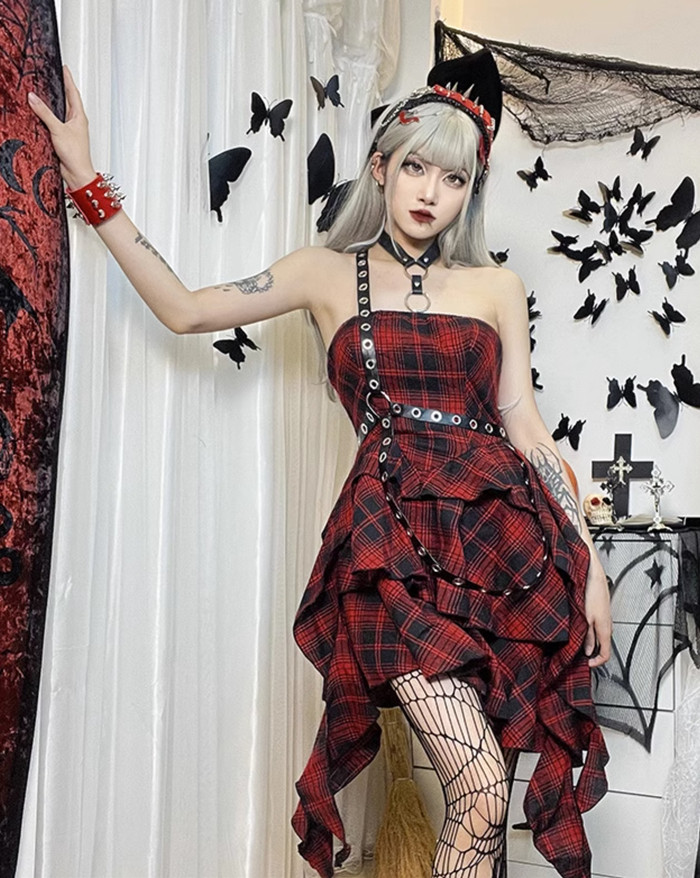 white christmas dresses Black with Red Punk/Grunge Dress / Female Weaving Knit Dress with Pentagram on A Collar