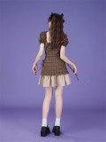 Cute Kawaii Sweet Y2K High Waist Puff Sleeves Plaid Dress