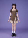 Cute Kawaii Sweet Y2K High Waist Puff Sleeves Plaid Dress