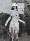 Asylum-  Alt Street Punk Y2K Grunge Ripped Fishbone Corset and Knitted Arm Sleeves