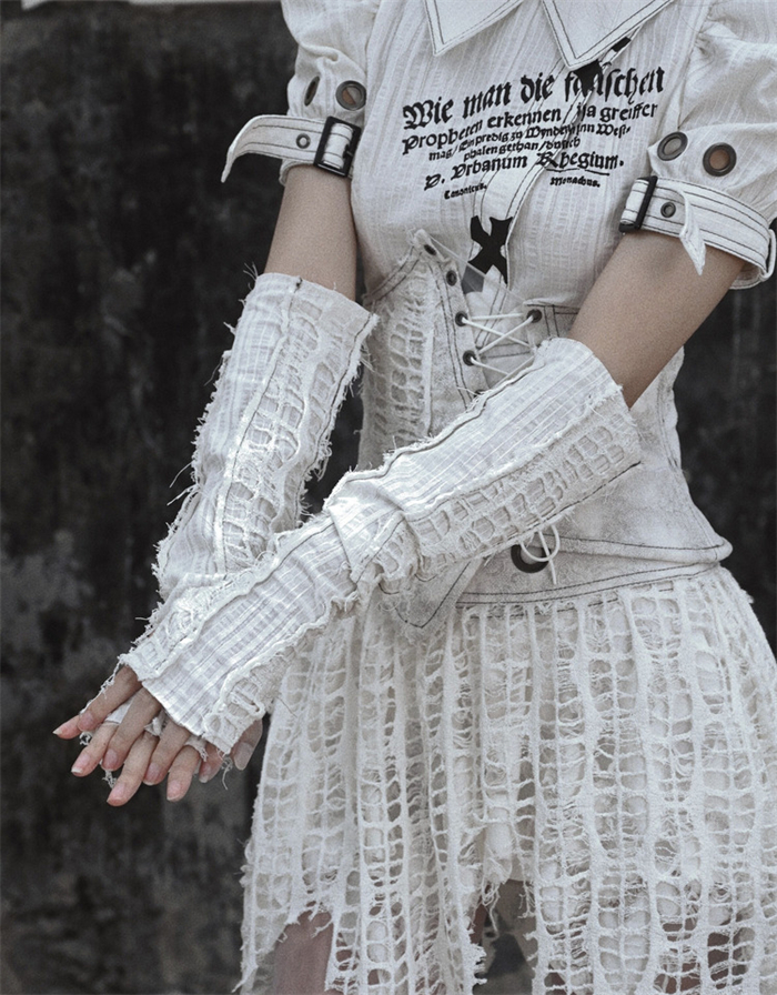 US$ 11.99 - Asylum- Alt Street Punk Y2K Grunge Ripped Fishbone Corset and  Knitted Arm Sleeves 