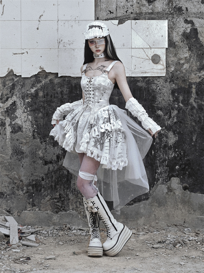 US$ 98.99 - Asylum- Alt Street Punk Y2K Grunge Distressed Slip Dress with Detachable Tailing