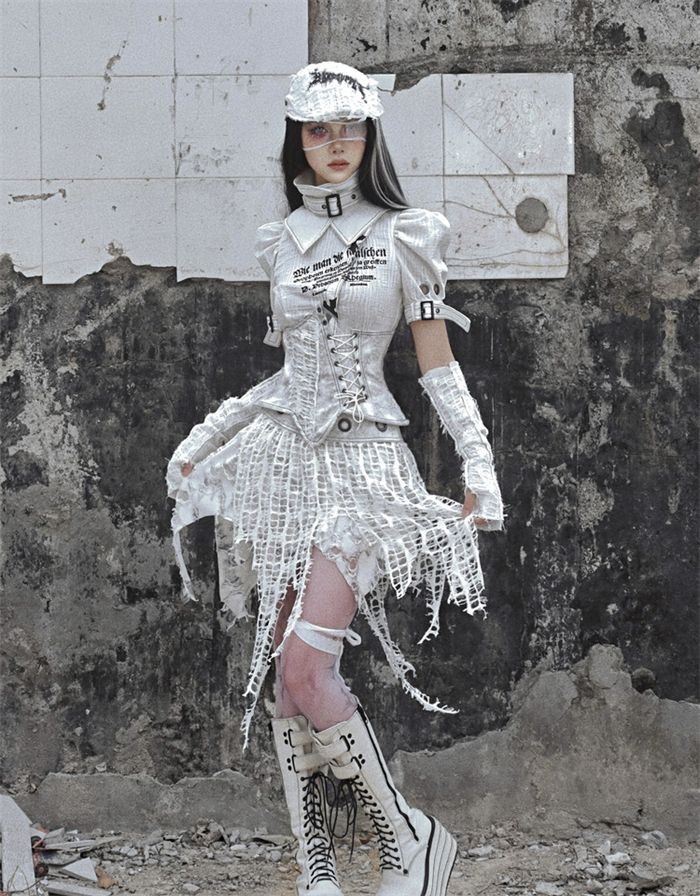 US$ 11.99 - Asylum- Alt Street Punk Y2K Grunge Ripped Fishbone Corset and  Knitted Arm Sleeves 