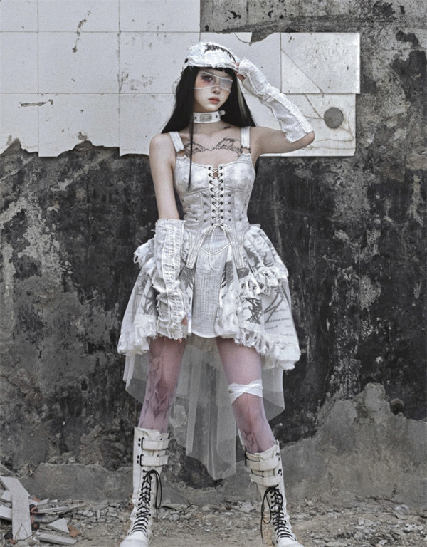 Asylum-  Alt Street Punk Y2K Grunge Distressed Slip Dress with Detachable Tailing