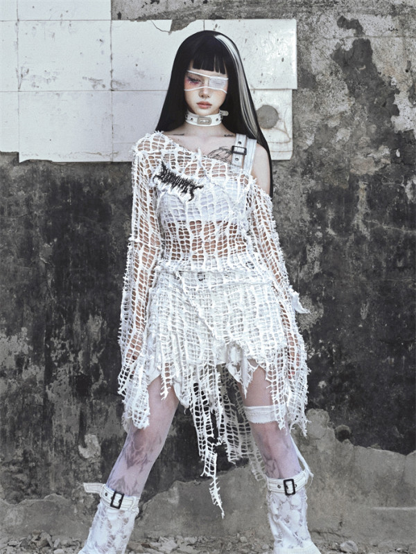 Asylum-  Alt Street Punk Y2K Grunge Knitted Ripped T-shirt Topwear