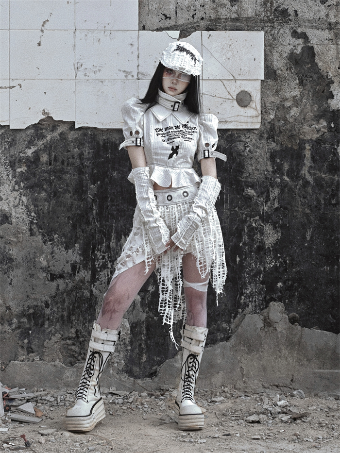 US$ 11.99 - Asylum- Alt Street Punk Y2K Grunge Ripped Fishbone Corset and  Knitted Arm Sleeves 