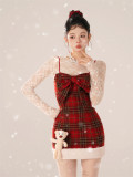 Sweet Kawaii Cute Sexy Red Plaid Slip Dress and Lace Topwear