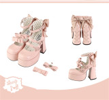 Sheep Puff -Barbie Party- Sweet Round Toe Chunky Heel Lolita Platform Shoes with Bows