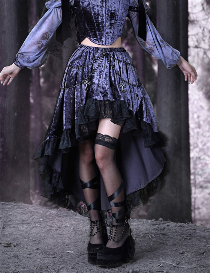 US$ 44.99 - Moon Goddess Ceremony- Alt Gothic Christmas Velvet Lace Skirt  with Pearls Chain - m.lolitaknot.com