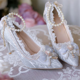 Yiyewuyu- Glitter Pointed Toe Tea Party Wedding Pearls Chain High Heels Lolita Shoes