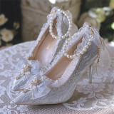 Yiyewuyu- Glitter Pointed Toe Tea Party Wedding Pearls Chain High Heels Lolita Shoes