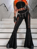 Alt Street Gothic Y2K Sexy Eyelet Flared Pants with Straps