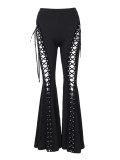 Alt Street Gothic Y2K Sexy Eyelet Flared Pants with Straps