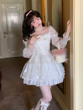 Sweet Kawaii Casual Lolita White Lace Long Sleeves Dress