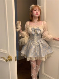 Sweet Kawaii Casual Lolita Blue Chiffon High Waist Square Necked Dress