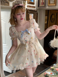 Sweet Kawaii Casual Lolita Chiffon Colourful Printing High Waist Dress