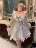 Sweet Kawaii Casual Lolita Blue Chiffon High Waist Square Necked Dress