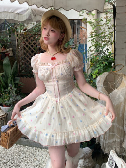 Sweet Kawaii Casual Lolita Chiffon Polka Dot Short Sleeves Dress