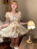 Sweet Kawaii Casual Lolita Chiffon Colourful Printing High Waist Dress
