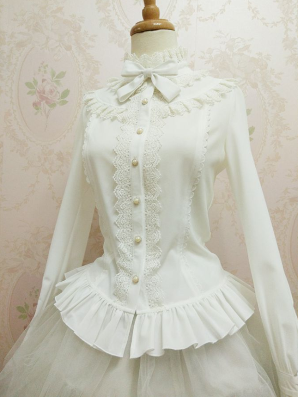 Yilia - Long Puffy Sleeves Stand Collar Lace Chiffon Classic Lolita Blouse