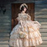 Garden Rose -  Princess Rococo Tea Party Wedding Lolita JSK with Arm Sleeves and Overskirt