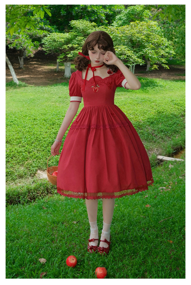Withpuji -Summer Apple- Sweet Classic Red Embroidery Lolita OP Dress and Overskirt (Average Size/overskirt)
