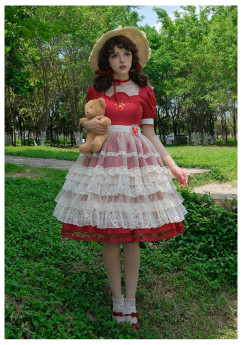 Withpuji -Summer Apple- Sweet Classic Red Embroidery Lolita OP Dress and Overskirt