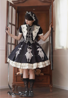 Thread Puppet Cat Print Embroidery Doll Gothic Black Lolita OP, JSK and Blouse