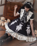 Thread Puppet Cat Print Embroidery Doll Gothic Black Lolita OP, JSK and Blouse