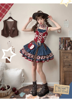 Apple Trap - Cownboy Style Sweet Classic Casual Daily Wear Lolita Topwear and Skirt Set