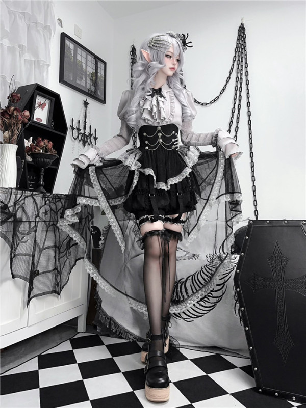 Grey Fairy Tale - Gothic Ouji Prince Lolita Blouse, Shorts, Overskir and Hairpin Set