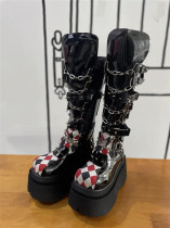 Antaina - Checked Metal Buckle Rivet Glossy PU Calf Length Punk Lolita High Platform Shoes