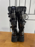 Antaina - Checked Metal Buckle Rivet Glossy PU Calf Length Punk Lolita High Platform Shoes