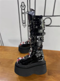 Antaina - Checked Metal Buckle Rivet Glossy PU Calf Length Punk Lolita High Platform Shoes