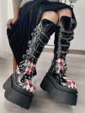 Antaina - Checked Metal Buckle Rivet Glossy PU Calf Length Punk Lolita High Platform Shoes
