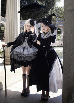Withpuji -Tales of Innocence- Classic Vintage Gothic Velvet Lolita OP Dress, Cape, Witch Hat and Necklace