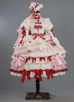 HinanaQueena -Strawberry Party- Sweet Hime Rococo Tea Party Princess Wedding Lolita OP Dress, JSK, Headwear and Accessories