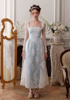 LaceMade -Water Ice Poem Preface- Sweet Classic Vintage Lace Blue Princess Casual Simple Lolita Dress
