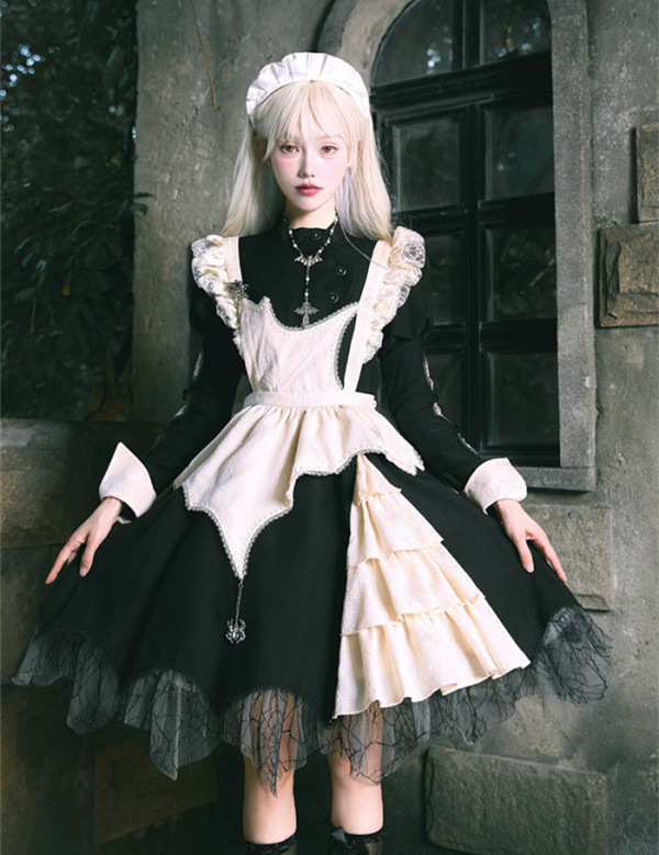 Yingji -Spider Dream- Casual  Gothic Maid Lolita OP Dress, Apron and Accessories Set