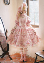Bramble Rose -Antique Cake- Classic Vintage Princess Rococo Lolita OP Dress, Bonnet, Choker and Arm Sleeves Full Set