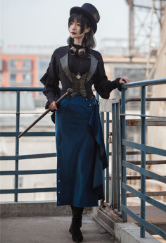 Mr.Yi- Casual Steam Punk Pullover Chiffon Lolita Blouse and Side Split High Waist Skirt