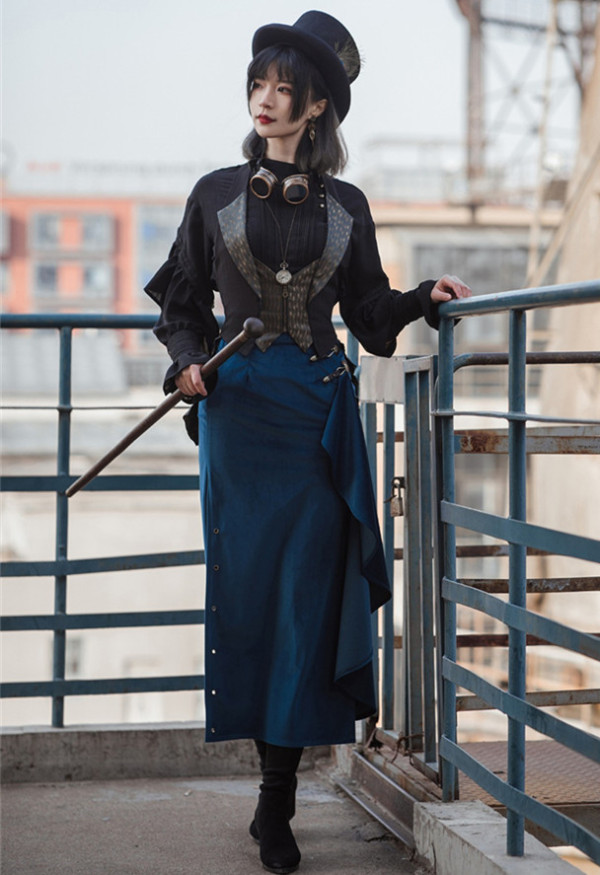 Mr.Yi- Casual Steam Punk Pullover Chiffon Lolita Blouse and Side Split High Waist Skirt