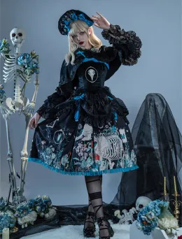Weird Gothic Lolita JSK Dress, Cape with Brooches and Bonnet with Hairclips