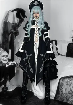 Chief Judge- Halloween Nun Hollow Out Tulle Gothic Lolita Long Jacket, Skirt and Accessories